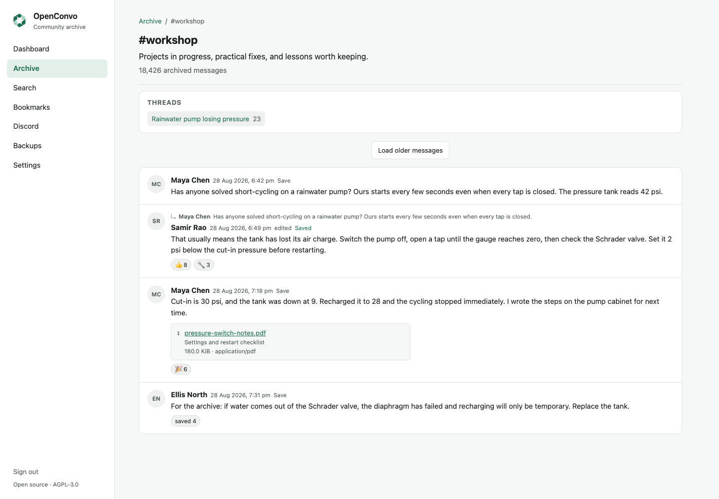 OpenConvo archive timeline showing a preserved troubleshooting conversation with a reply, reactions, a saved message and an attachment